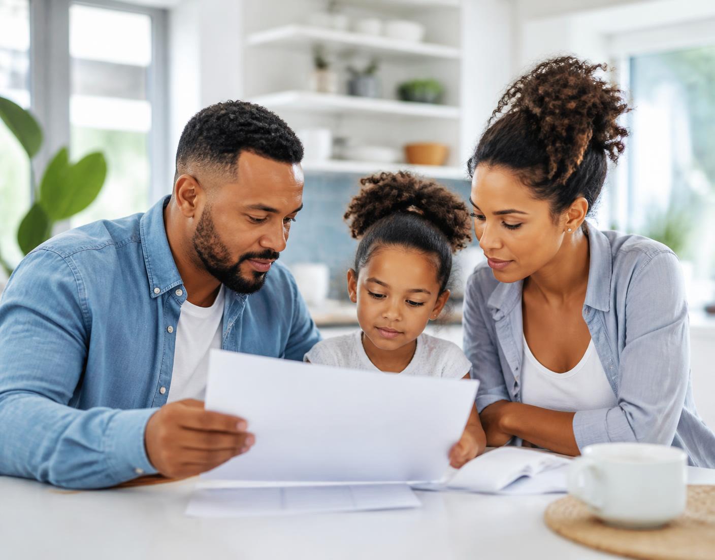 A family sitting at a kitchen table reading healthcare information together
